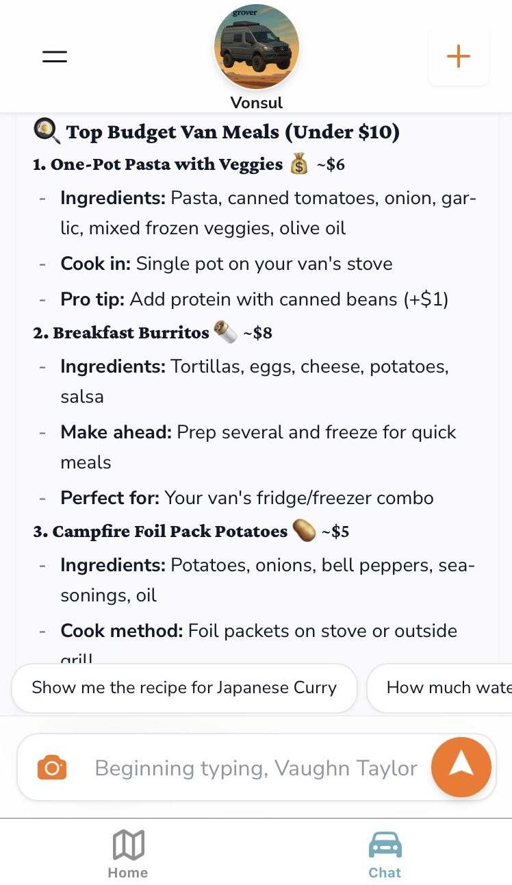 Grover app showing Top Budget Van Meals under $10 including one-pot pasta, breakfast burritos, and campfire foil pack potatoes with detailed ingredients and cooking instructions